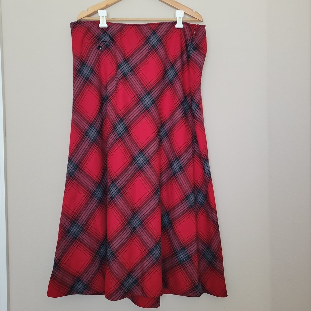 Vintage Talbots Wool Blend A Line Plaid Maxi Skirt Size 18 Red Elastic Waist Y2K